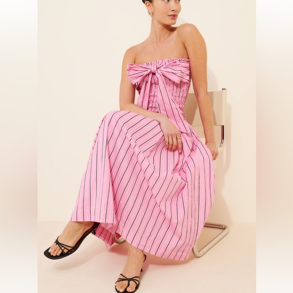 Damson Madder Dresses & Skirts - DAMSON MADDER Mia Midi Dress in Pink Stripe Bow Tie UK 10 US 6